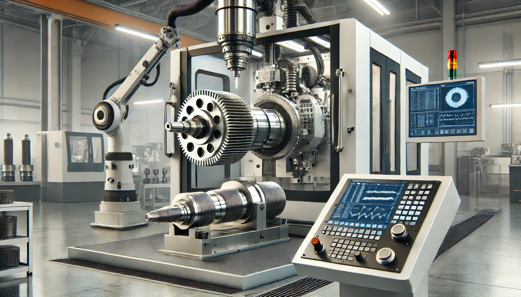 DALL E high-precision CNC thread grinding machine in a clean industrial workshop setting, showcasing a multi-axis system (including an A axis) with a grind
